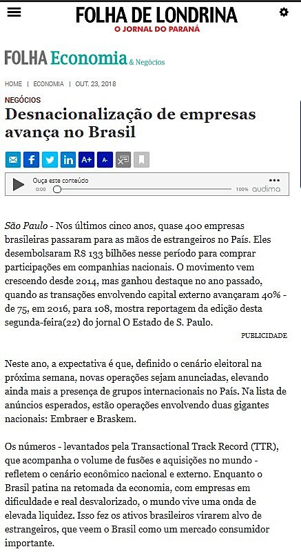 Desnacionalizao de empresas avana no Brasil